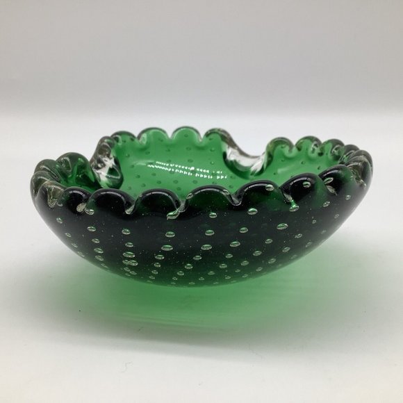 Murano MCM Handblown Bullicante Emerald Green Glass Ashtray/Bowl - Picture 3 of 12